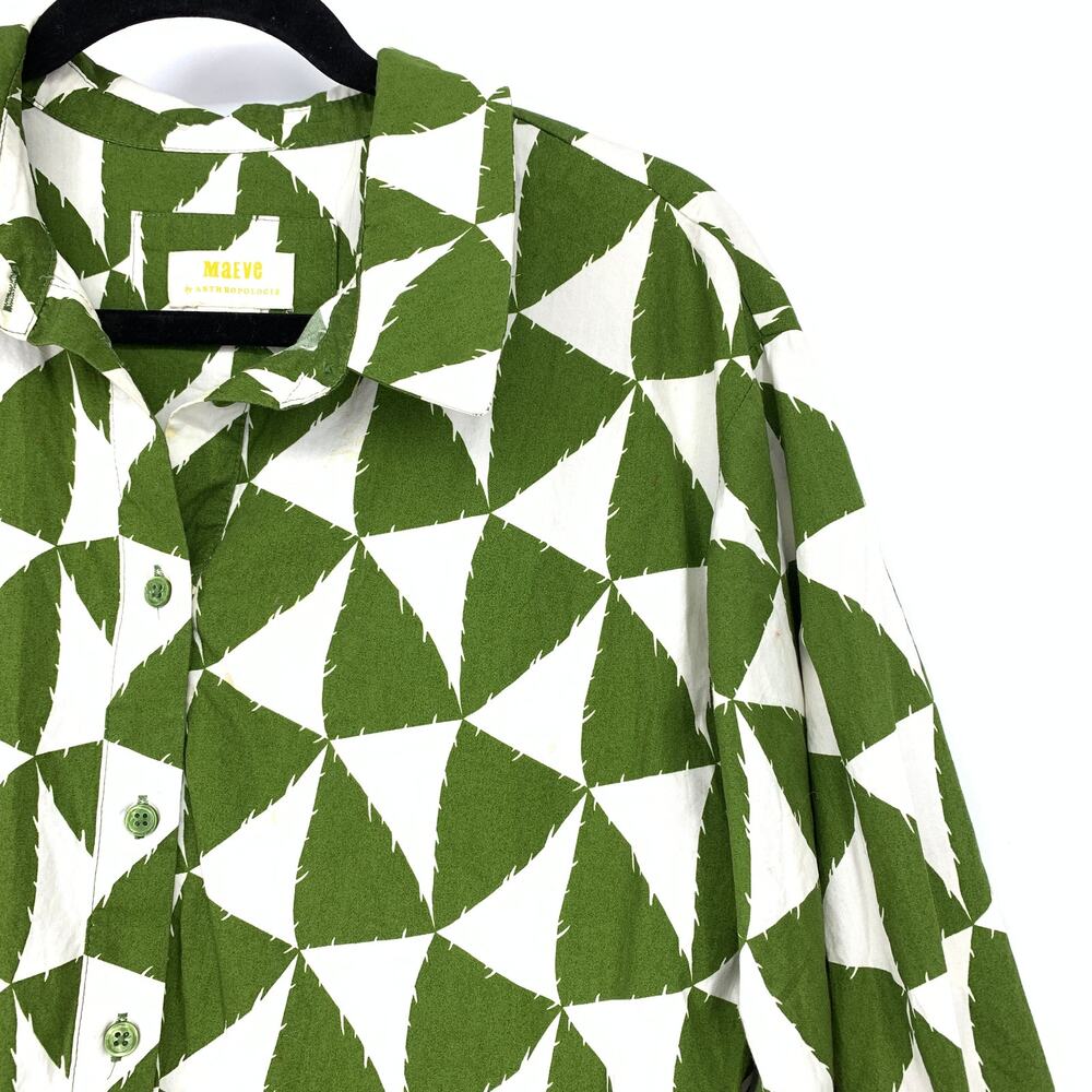 Maeve Anthropologie Bettina Green White Triangle Tiered Midi Shirt Dress Sz L - Picture 3 of 6